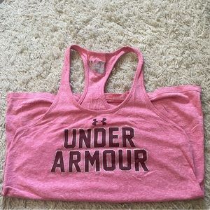 Pink Under Armour tank top with red letters